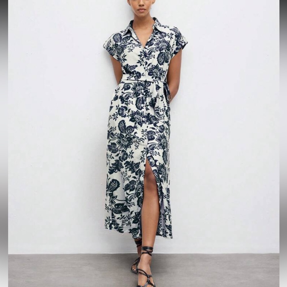 Floral Print Button Front Swing Collared Maxi Dress in Navy White XL 12 Maija